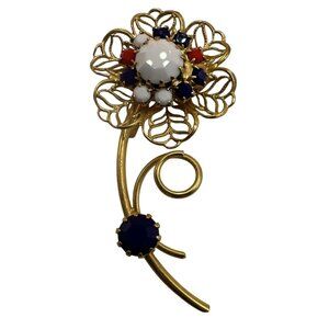 VTG Mid Century Brooch Red White Blue Glass Floral Lot Silver Tone 50s 60s Pin